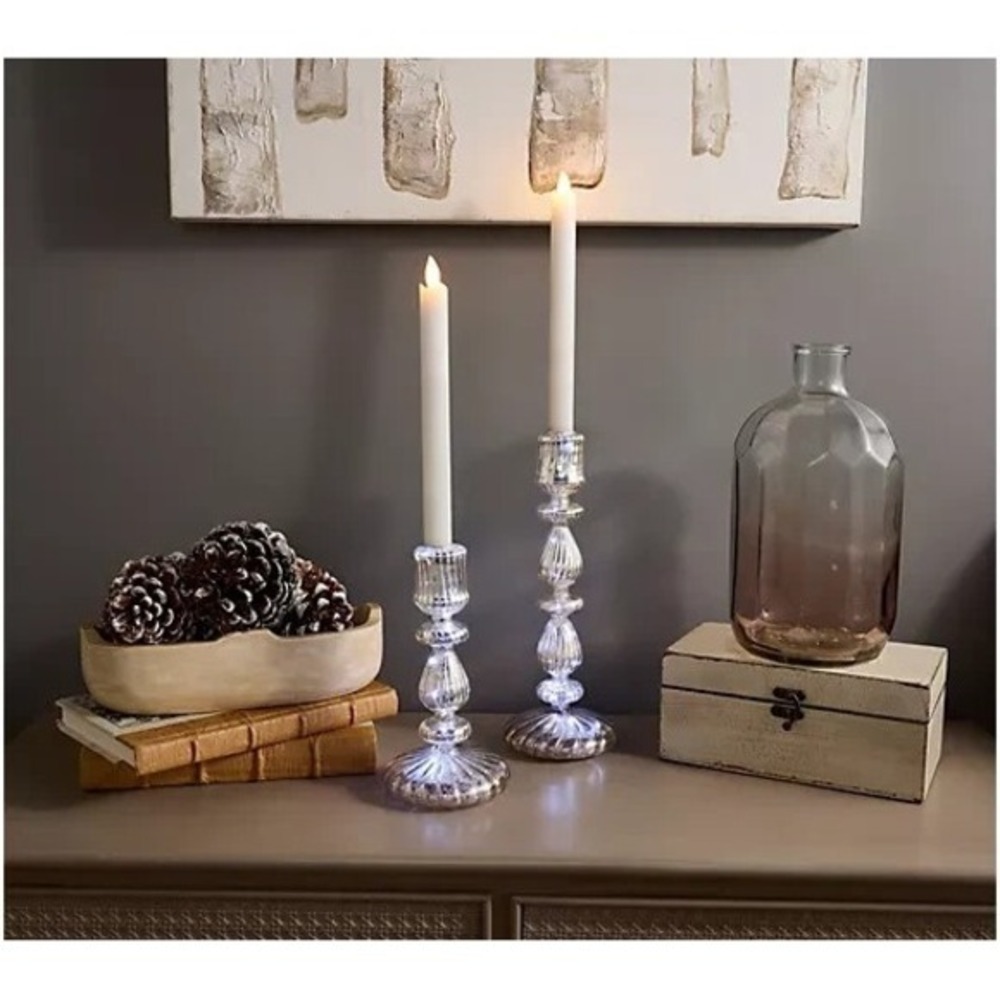 LWYA‎ Kim Gravel Set of 2 Illuminated Mercury Glass Taper Candle Holders Silver